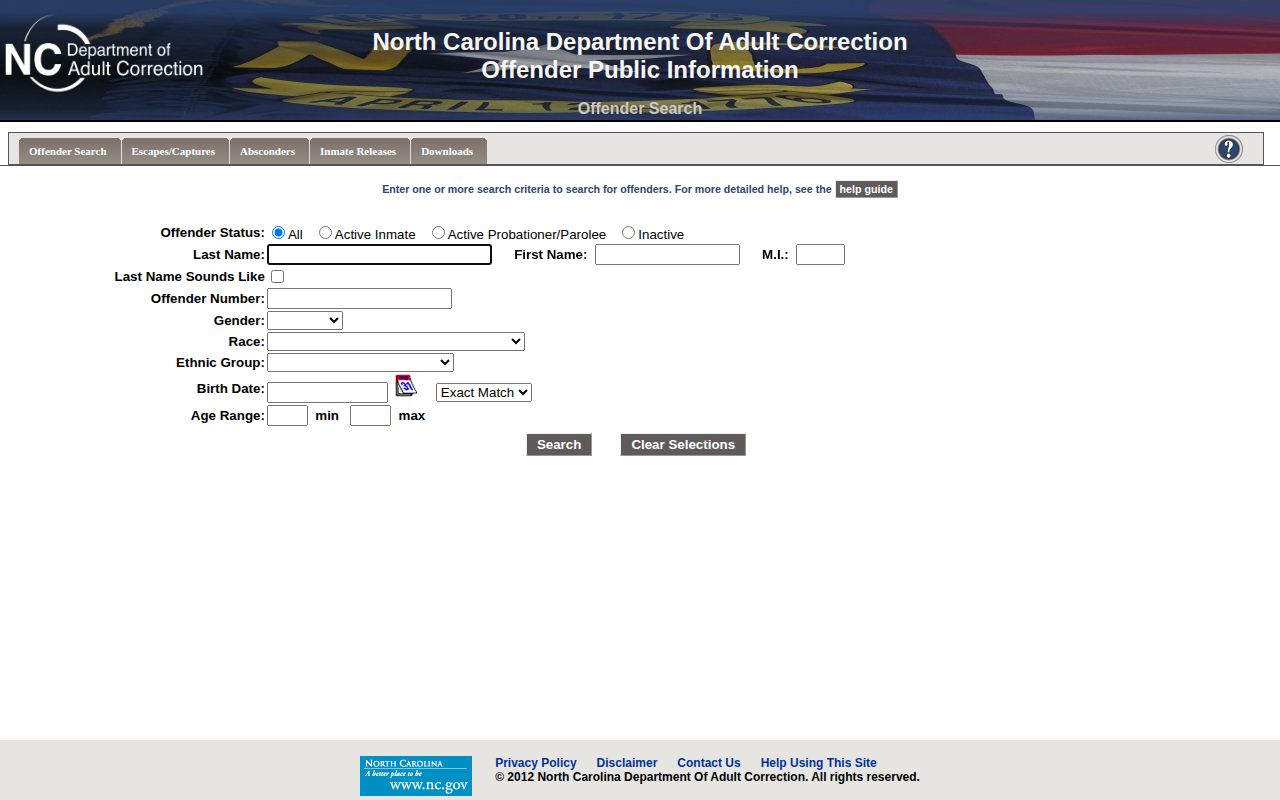 North Carolina Department of Adult Correction offender search form